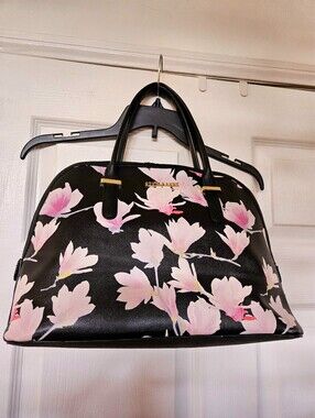 Furla Style Saffiano Faux Leather Black White Pink Floral Satchel Purse Bag
